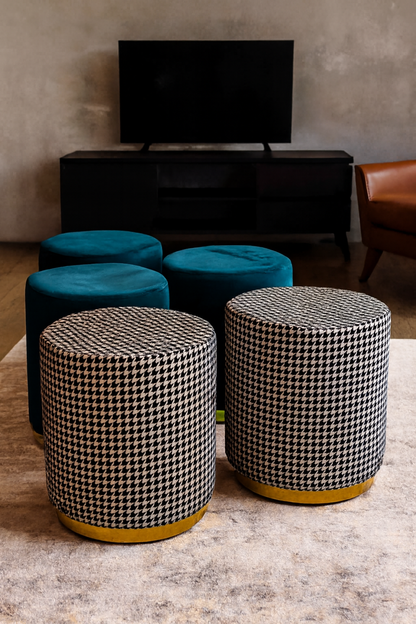 Premium Round Stool Black & White | Velvet Fabric Stool