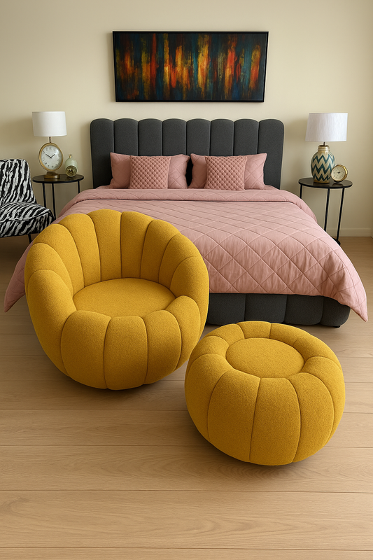 Pumpkin Boucle Chair & Stool – Luxury Lounge Set Pakistan