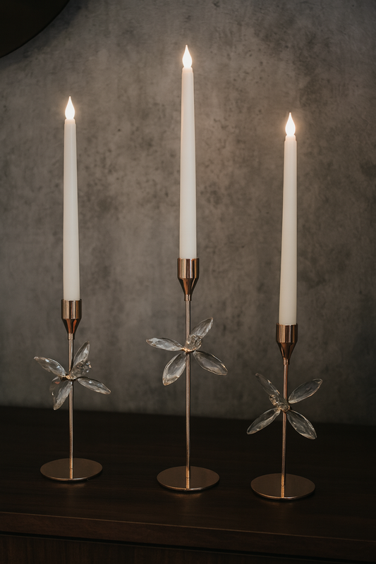Set of 3 candle stands Gold Crystal flowers