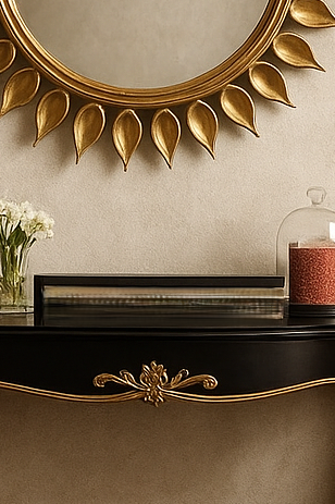 Sun Mirror Console – Luxury Console Table with Round Mirror | MDF & Sheesham