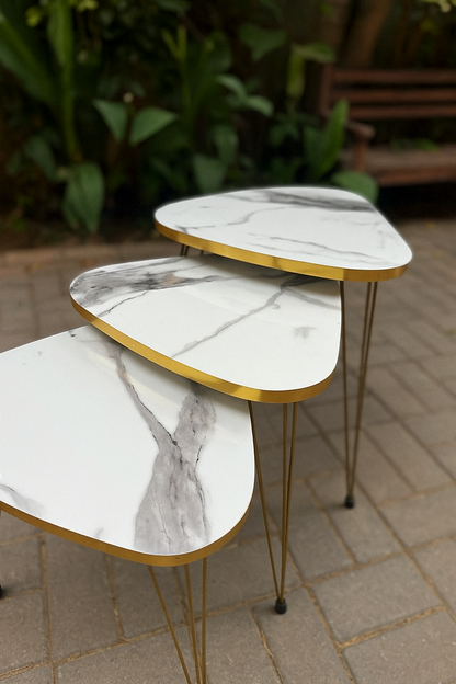 Triangle White Gold Nesting Table Set – Modern 3-Piece Tables