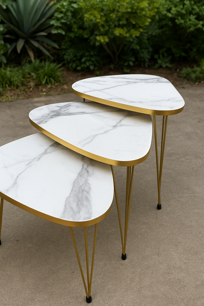 Triangle White Gold Nesting Table Set – Modern 3-Piece Tables