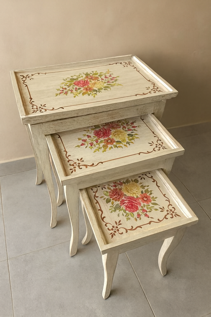 White Blossom Nesting Tables Set of 3 in Pakistan – Hand Painted