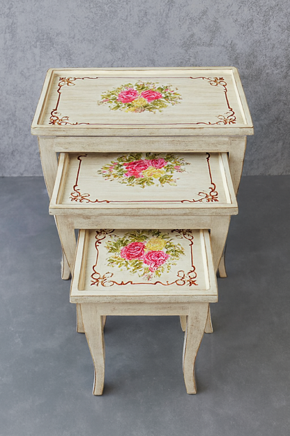 White Blossom Nesting Tables Set of 3 in Pakistan – Hand Painted