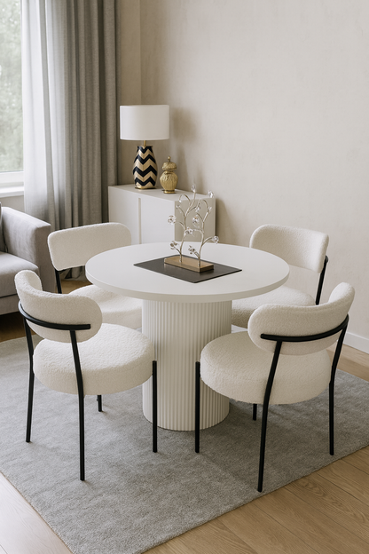 White Boucle Dining Table – 5 Seater Elegant Set