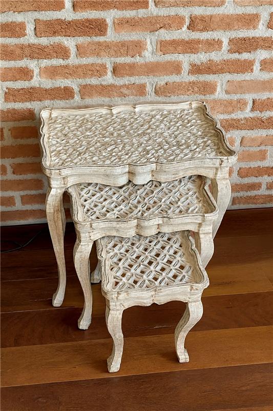 White Brood Nesting Tables Set of 3 – Handprinted Design