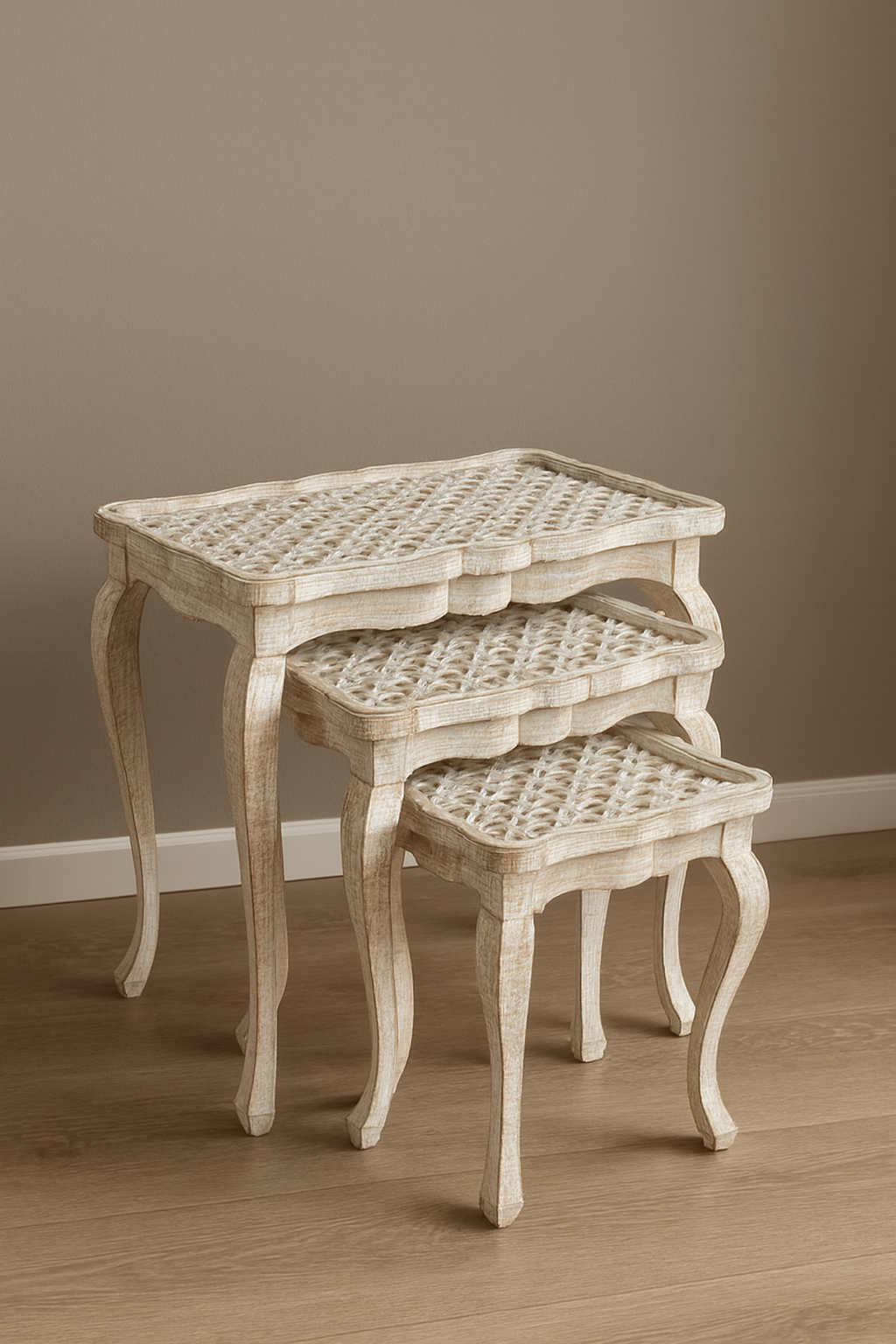 White Brood Nesting Tables Set of 3 – Handprinted Design