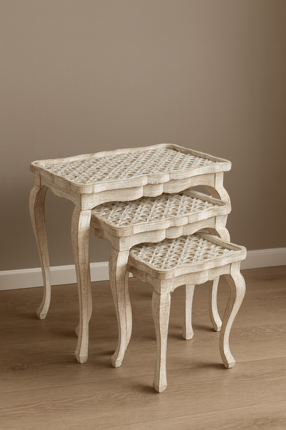 White Brood Nesting Tables Set of 3 – Handprinted Design