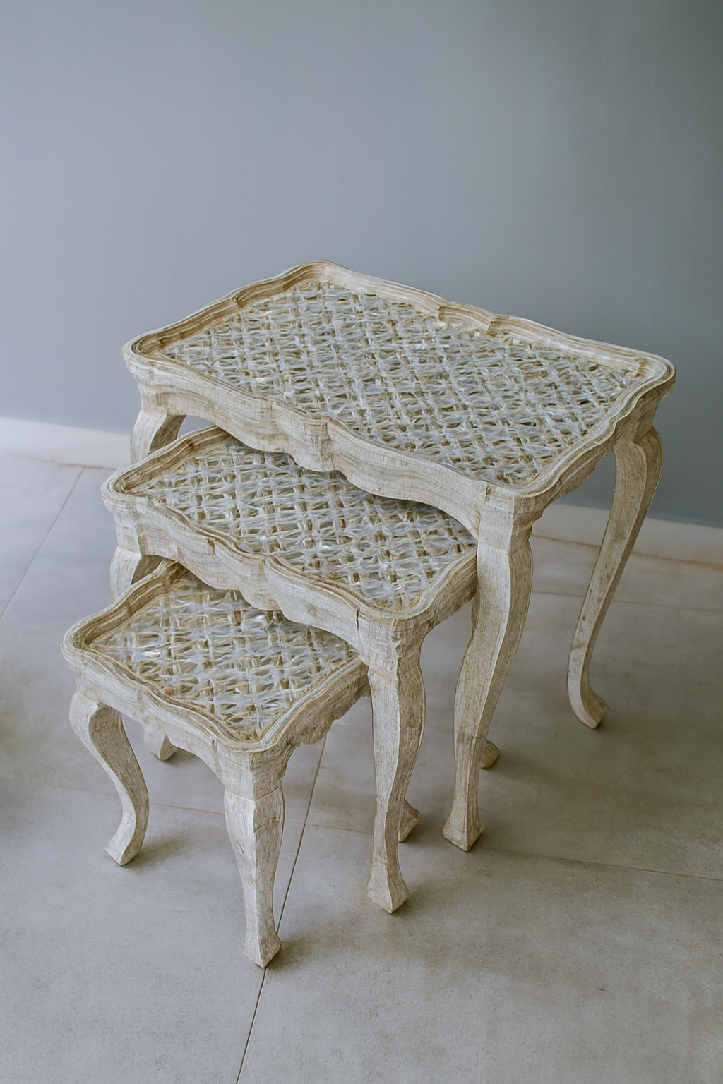 White Brood Nesting Tables Set of 3 – Handprinted Design
