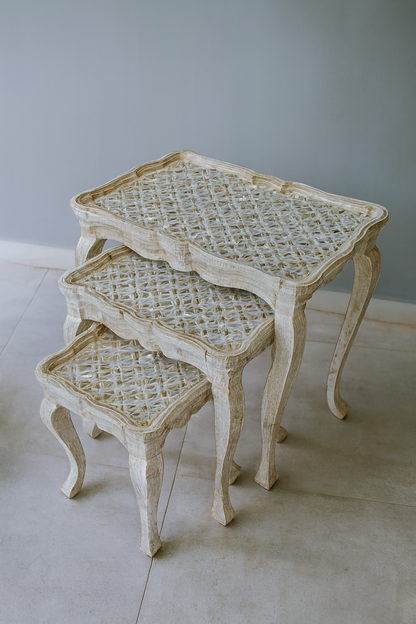 White Brood Nesting Tables Set of 3 – Handprinted Design