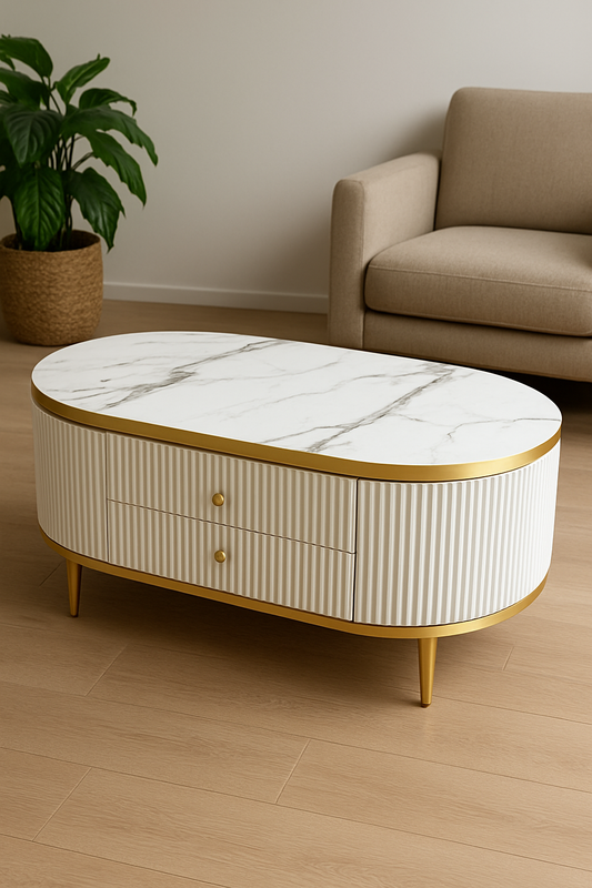 White Glor Coffee Table – MDF & Gold Legs with Drawers