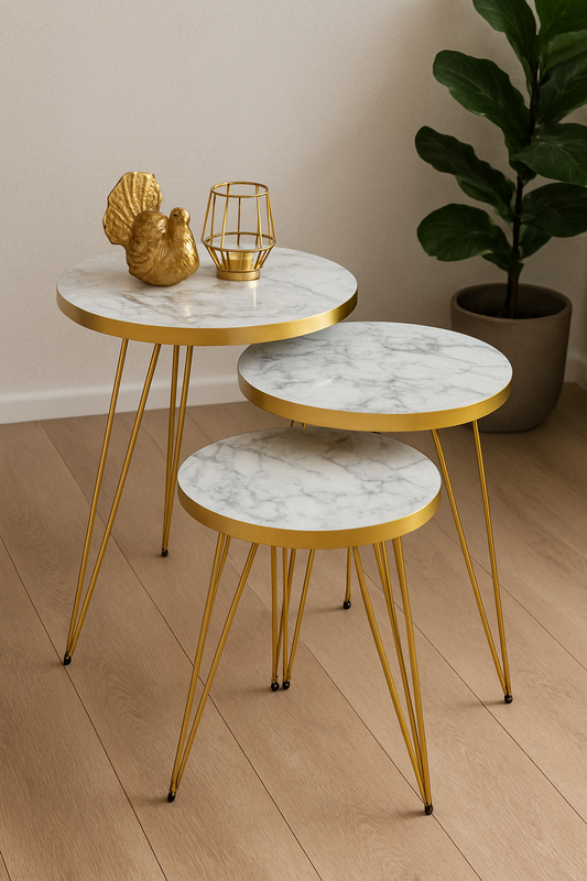 White Goldy Nesting Tables – UV Top & Metal Legs Set