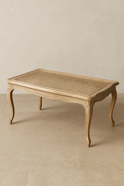 White Cane Center Table – Rectangle Wood & Glass