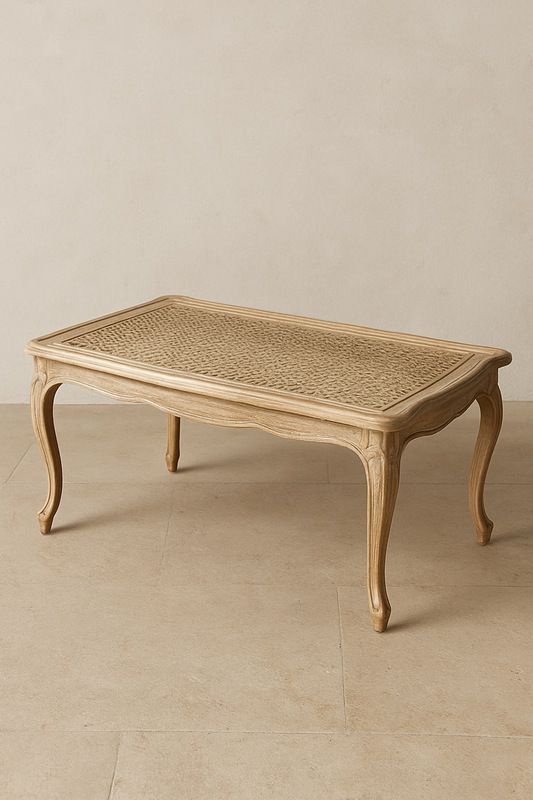 White Cane Center Table – Rectangle Wood & Glass