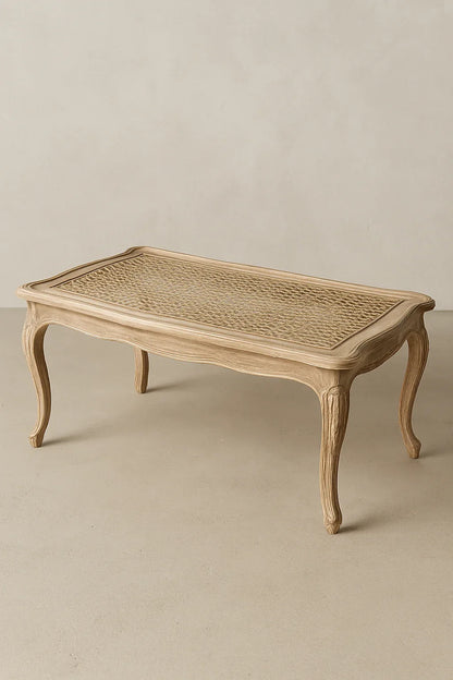 White Cane Center Table – Rectangle Wood & Glass